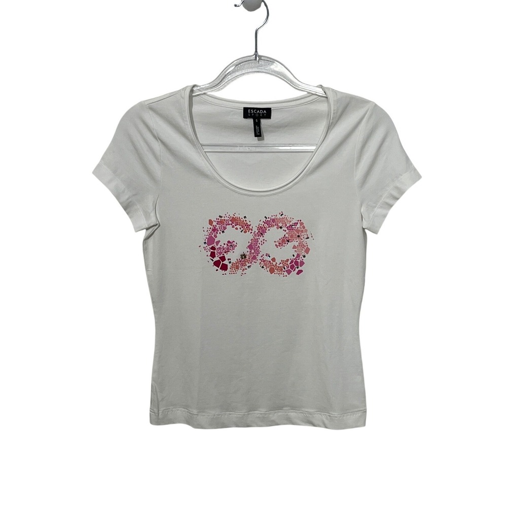 Escada Sport T-Shirt Womens Small White Pink Embellished Logo Scoop‎ Neck Top